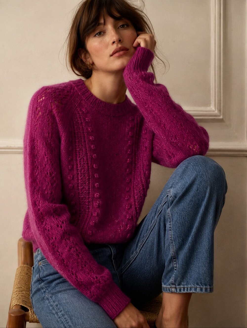 Sézane La Maille Fuchsia Pointelle Knit Sweater XXS